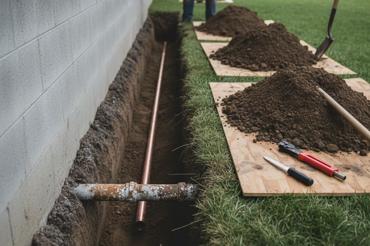 Excavated water line trench during Water Softener Installation in Shedd
